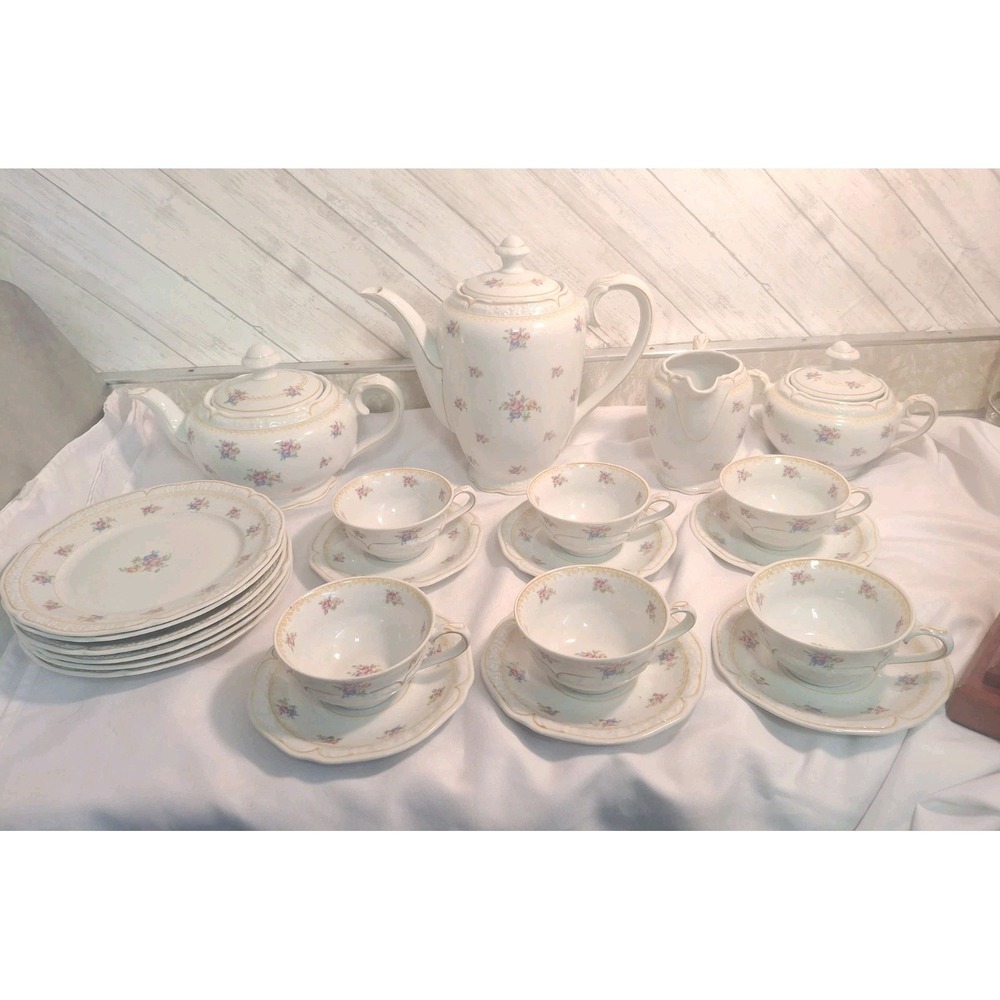Vintage Bavaria Porcelain Tea Set 22 Pc Floral Cups Saucers Teapot Plates RARE